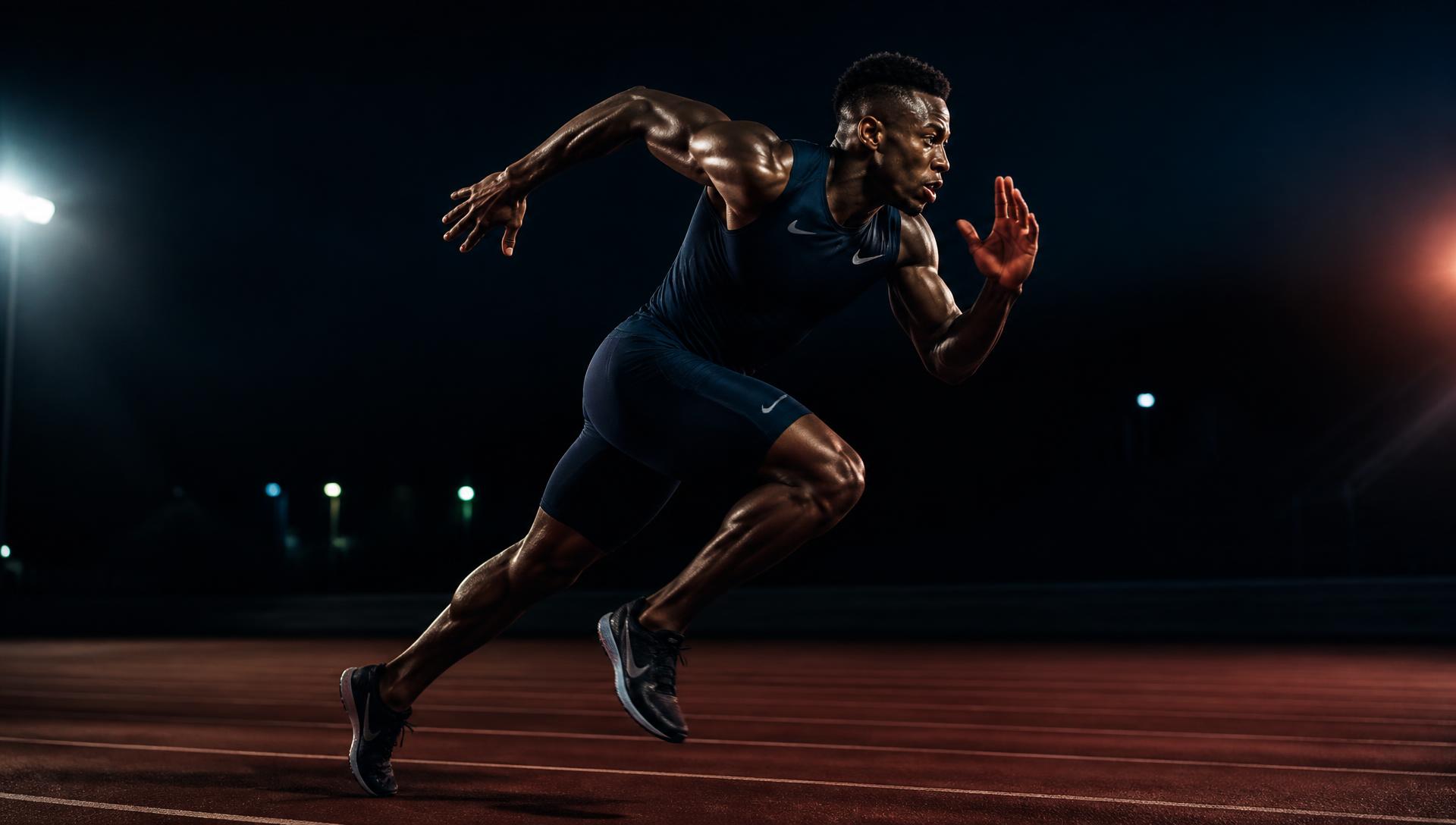 Sprinter accelerating on a floodlit running track