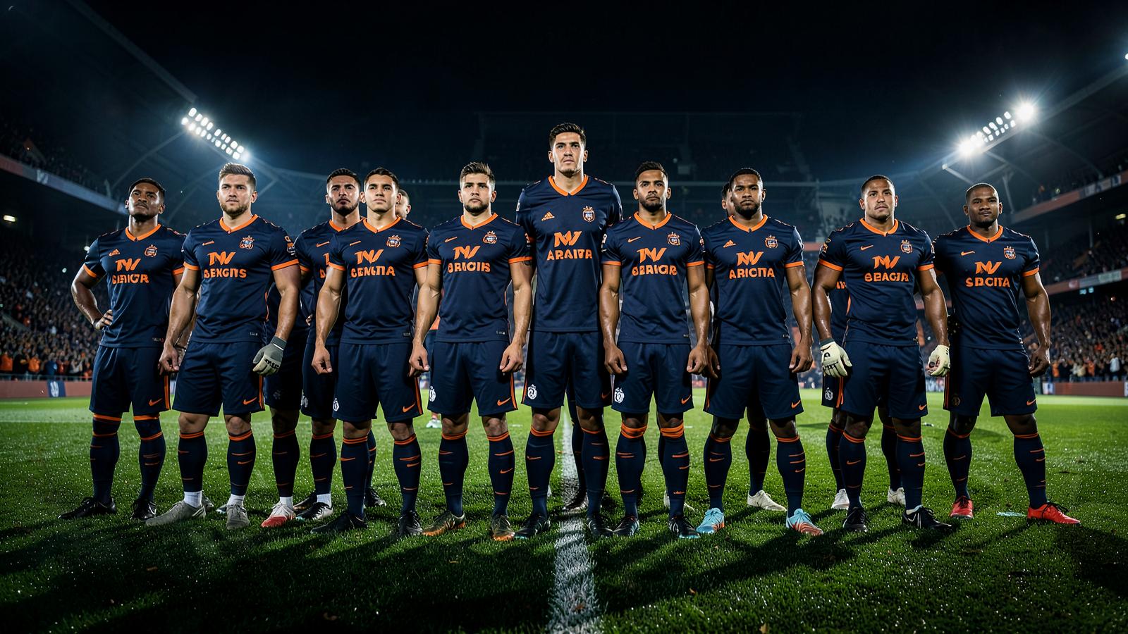 Team wearing custom navy and orange uniforms on a floodlit pitch